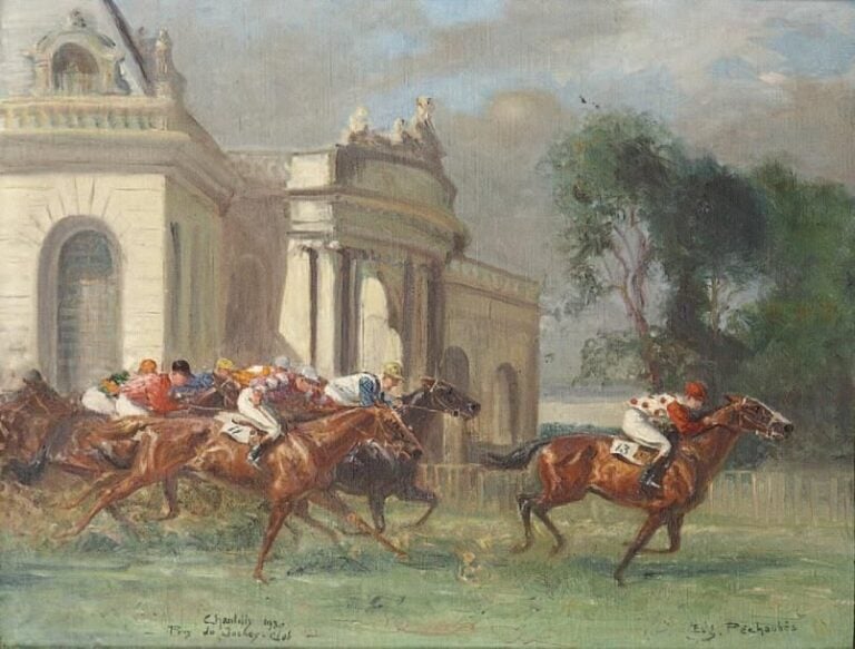 Le prix du jockey club à Chantilly Huile sur toile, signée en bas à droite Titrée et datée 1930 en bas à gauche 35 x 27 cm Provenance: Établissements Chéri (ventes de Yearlings à Deauville) puis la descendanc