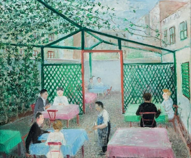 Le restaurant Huile sur toile, signée en bas à gauche 54 x 65 cm Oil on canvas, signed lower left