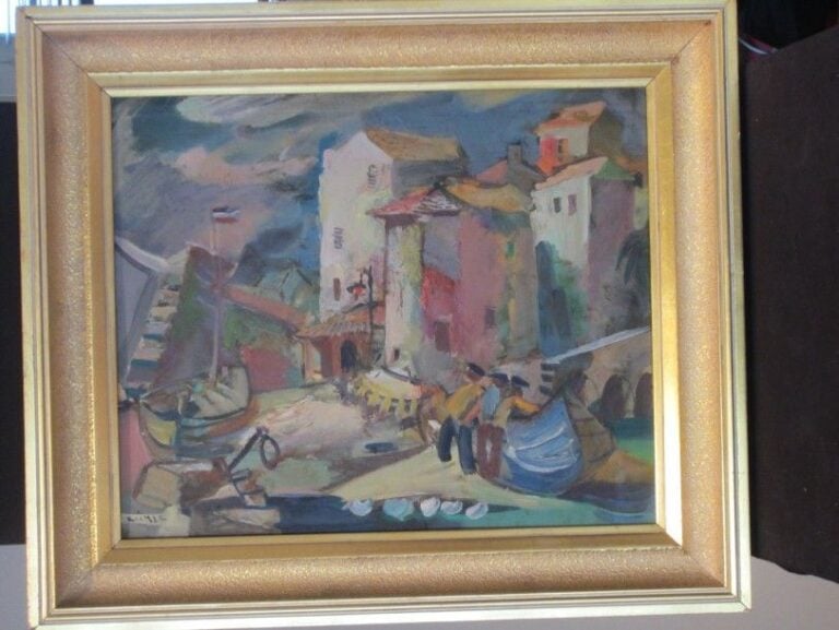 Le retour de la pêche Huile sur carton Signée en bas à gauche 38 x 46 cm