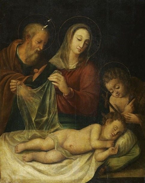 Le Sommeil de l'enfant Jésus avec Saint Joseph et Saint Jean Baptiste Huile sur panneau de bois tendre, deux planches non parquetée