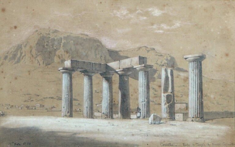 «Le Temple de Minerve à Corinthe» Plume, lavis gris et lavis brun Signé et daté 1845 en bas à gauche 17 x 27 cm