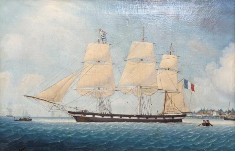 «Le trois-mâts barque «Rivière d'Abord» quittant un port d'outre-mer», 1858 Huile sur toile signée «Ségala»en bas à droite et daté