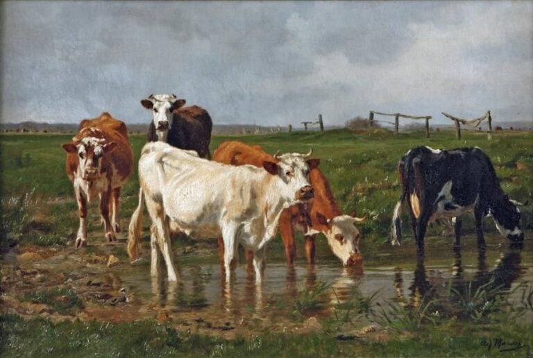 Le troupeau s'abreuvant Huile sur toile, signée en bas à droite 40 x 60 cm