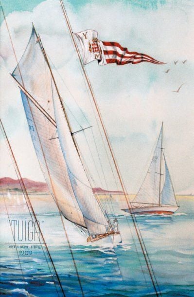 LE « TUIGA » DE WILLIAM FIFE (1909) Grande aquarelle de Laurent Le Pont avec pavillon Y