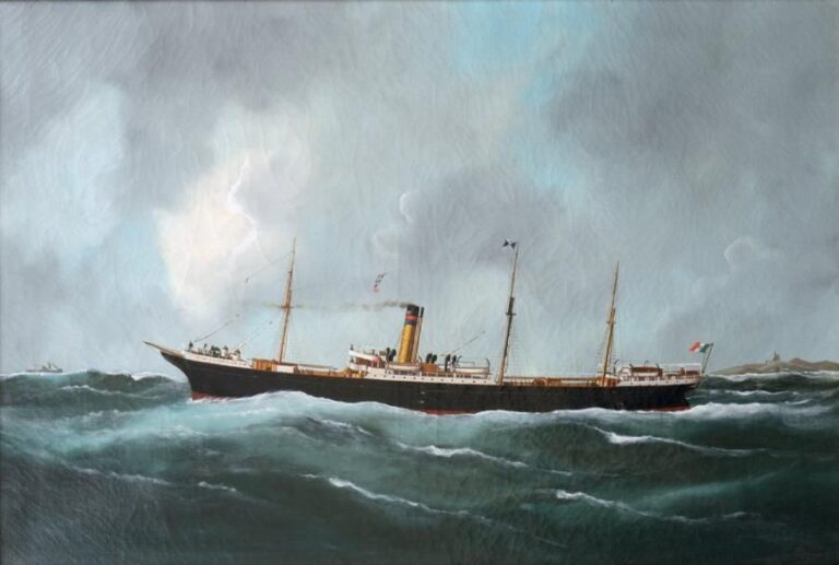 «Le vapeur mixte Alexandria au large d'une côte» Huile sur toile signée et datée 190