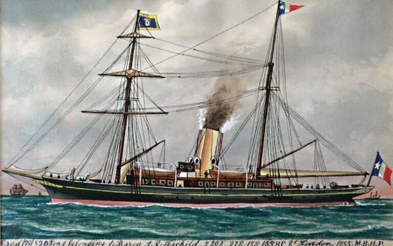 « Le yacht « Eros » du Baron Arthur de Rothschild » Aquarelle gouachée monogrammée et datée 1887 et légendée en ba