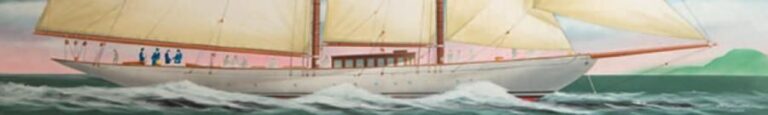 «Le yacht Sylvana» Acrylique sur toile marouflée sur panneau signée en bas à droite et titrée 28 x 184 cm