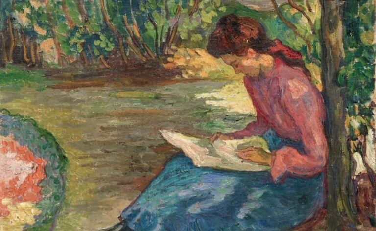 Lecture dans le jardin Huile sur toile, signée en bas à droite 38 x 46 cm