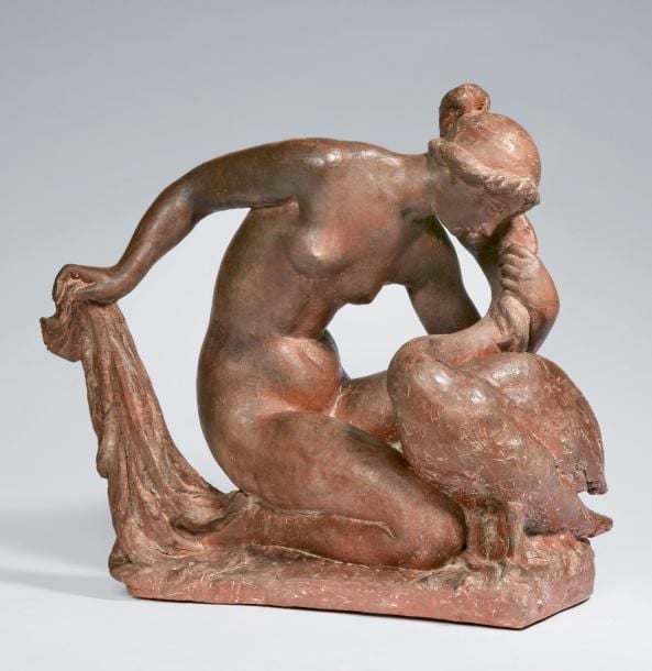 Léda et le Cygne Sculpture originale en terre cuite figurant la légende de Léda et le cygn