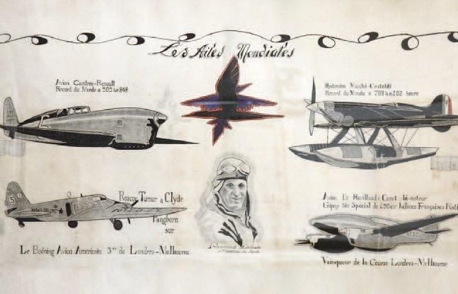 Les ailes mondiales Dessin aquarellé présentant les avions Caudron-Renault, Boeing, De Havilland Comet et l'hydravion Macchi- Castold