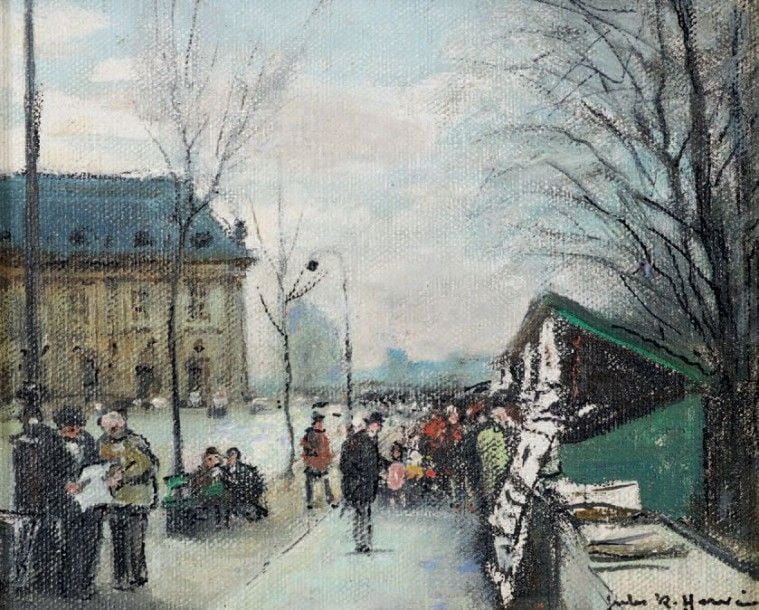 Les bouquinistes devant l'Institut Huile sur toile, signée en bas à droite et contresignée au dos 21 x 26 cm