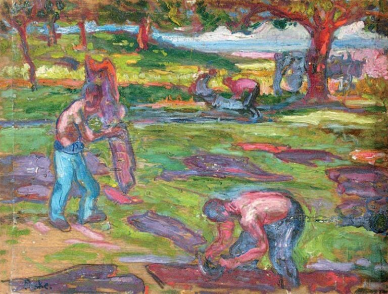 Les bûcherons (au dos : Paysage) Huile sur panneau Signée en bas à gauche 26,5 x 35 c