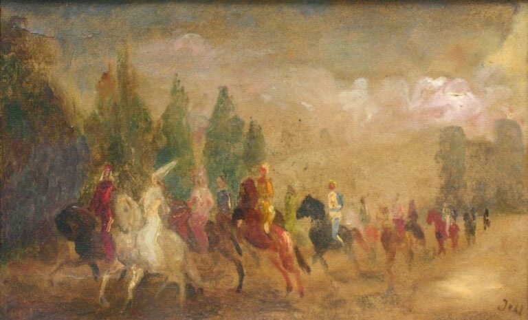 Les cavaliers Huile sur carton Signée en bas à droite Contre signée au dos 22 x 35,5 cm