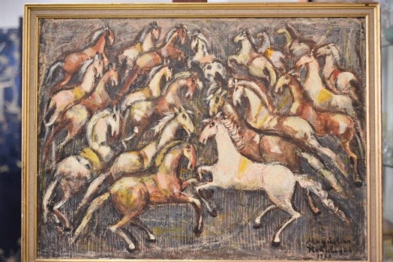 Les chevaux, 1962 ou 1967 Huile sur toile, signée et datée en bas à droite 54 x 73 cm (craquelures et petits manques)