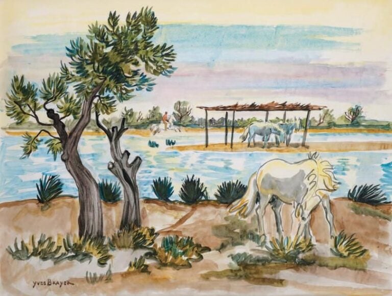 LES CHEVAUX Aquarelle, signée en bas à gauche 40 x 53 cm
