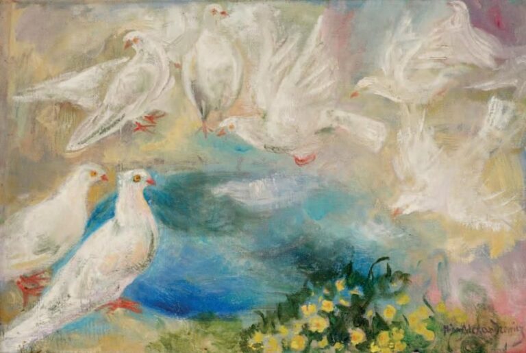 Les colombes Huile sur toile, signée en bas à droite 50 x 73 cm