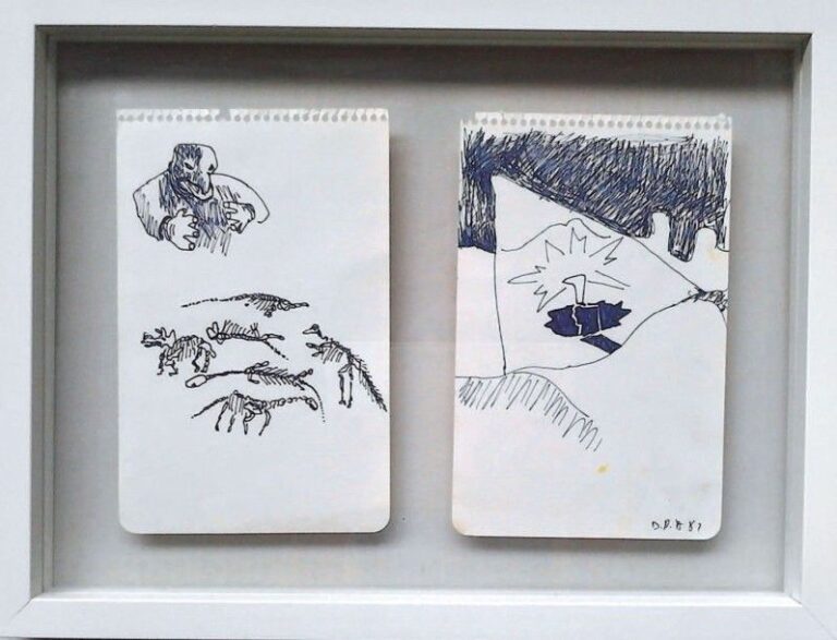 Les dinosaures, 1981 Diptyque recto / verso Sylo-bille et feutre sur papier, signé et daté en bas à droite 22 x 14 cm (chaque feuille)