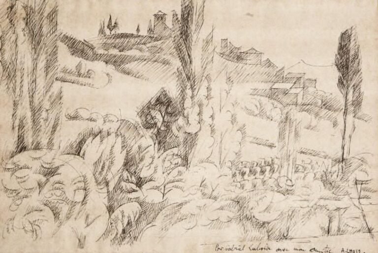 Les environs de Marmande Encre, signée en bas à droite Dédicacée à « Gabriel Laborde » 21 x 32 cm
