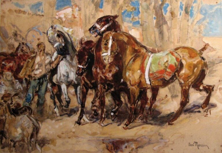 Les Haras du Sultan, Maroc Aquarelle gouachée, signée en bas à droite du cachet de l'atelier 30,5 x 44,5 cm Légères rousseurs