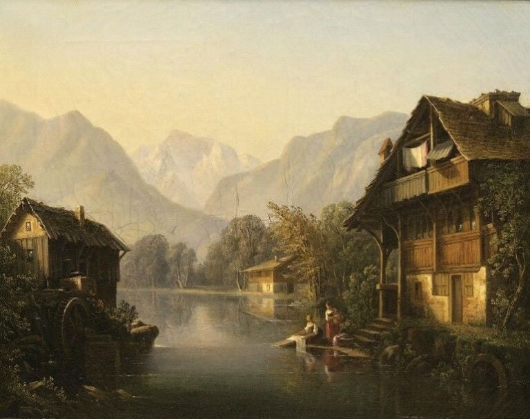 Les lavandières au bord de l'Aar dans les Alpes suisses Huile sur toil