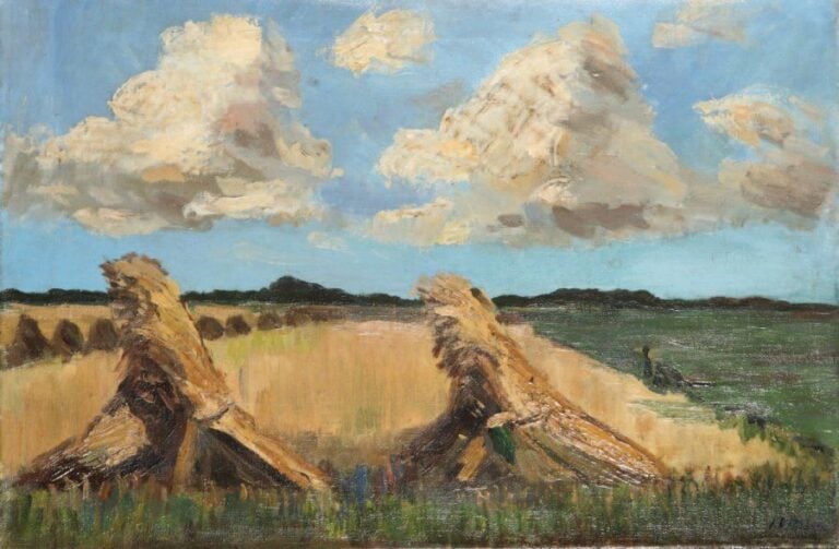 LES MEULES DE FOIN Huile sur toile, signée en bas à droite 40 x 60 cm