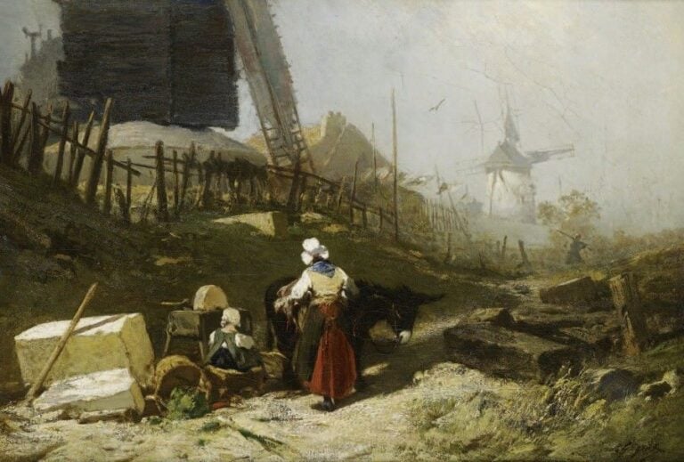 Les moulins à Montmartre après l'effondrement de la butte Huile sur toile, signée en bas à droit