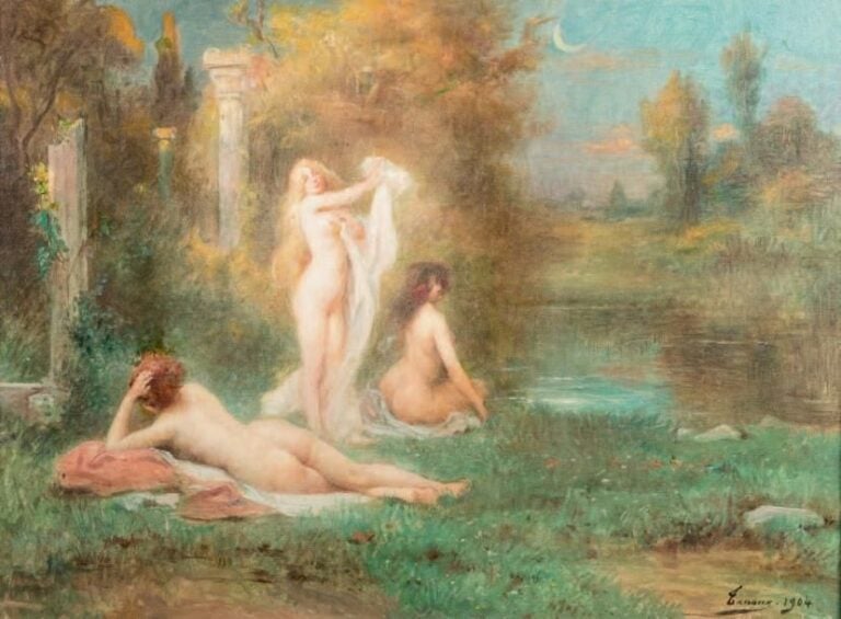 LES NYMPHES Huile sur toile, signée en bas à droite et datée 1904 60 x 82 cm