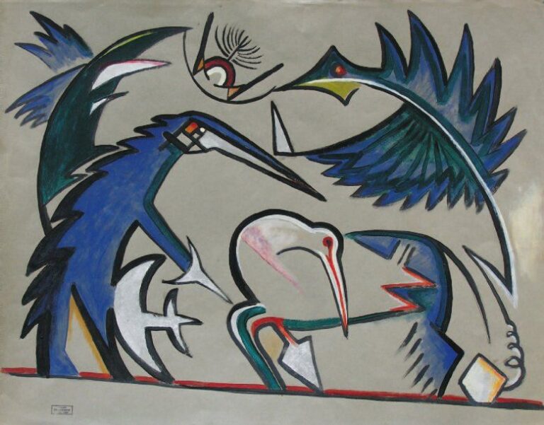 Les oiseaux Huile et gouache sur papier Timbre d'atelier en bas à gauche 51,5 x 66 cm Provenance: Atelier de l'artiste