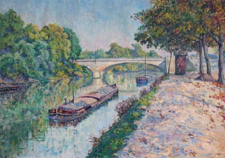 Les péniches Huile sur toile Tampon de la signature sur la toile au verso Tampon de la succession sur le châssis 65 x 92 cm