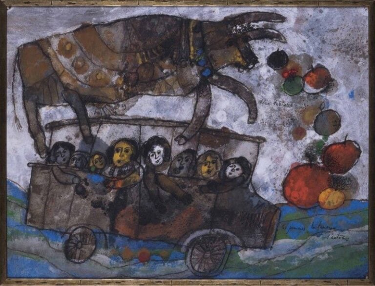 "Les pommes le taureau et l'autobus" Gouche sur papier marouflée sur carton