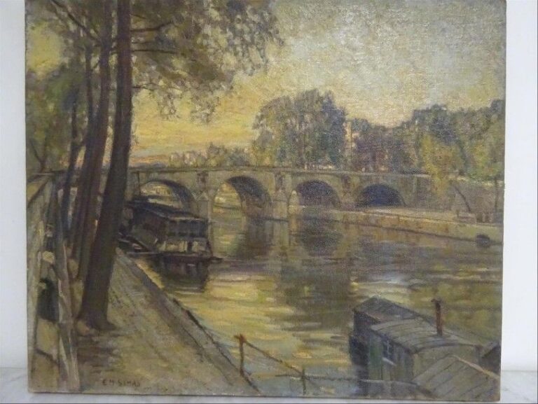 Les quais de Seine à Paris Huile sur toile Signée en bas à gauche 46 x 55 cm