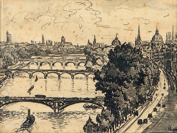 Les quais de Seine Lavis d'encre, signé en bas à droite 35,5 x 46,5 cm (à vue) Wash drawing, signed lower right