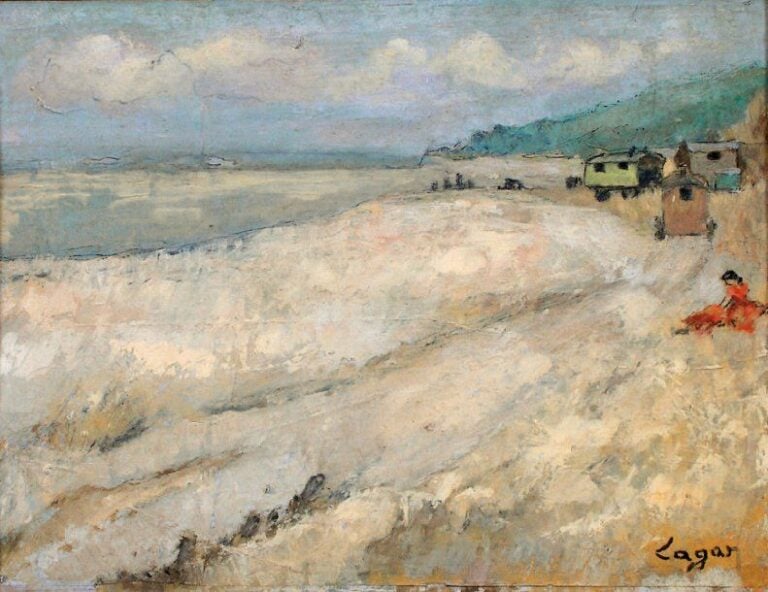 Les roulottes sur la plage de Honfleur Huile sur panneau, signée en bas à droite 25 x 30 cm