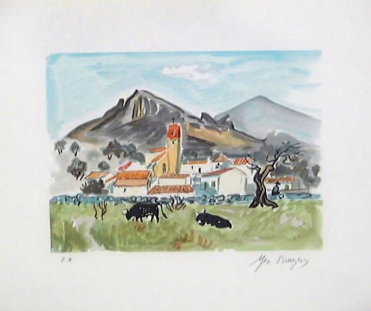 LES TAUREAUX Lithographie originale encadrée numérotée 105/200 en bas à gauche Signée en bas à droite 38 x 45 cm