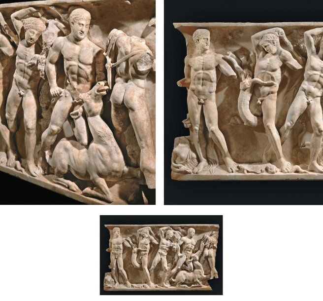 LES TRAVAUX D'HERCULE Superbe relief de sarcophage représentant le héros accomplissant cinq de ses exploits (de gauche à droite) : - Hercule terrasse le lion de Némé