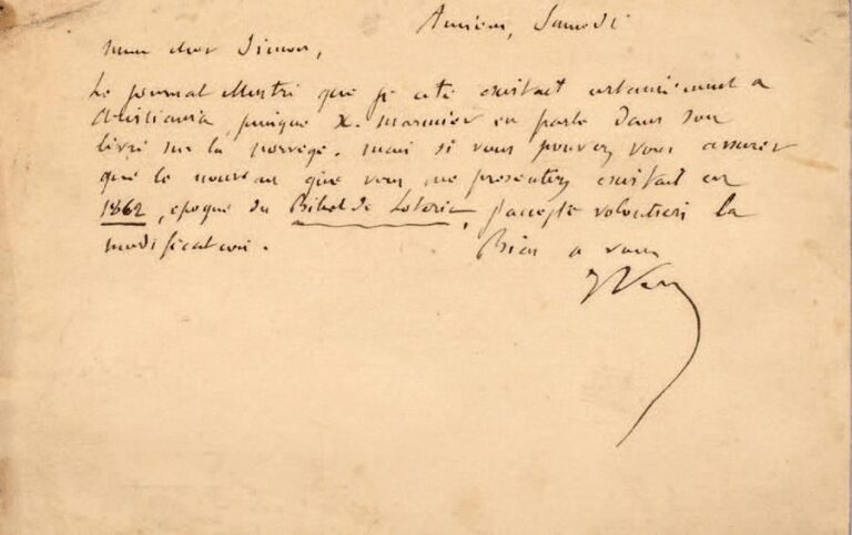 * Lettre autographe signée de Jules Verne à propos d'une éventuelle modification à apporter à son roman Un