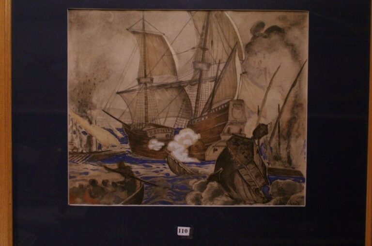 Lithographie rehaussée de gouache représentant un combat nava