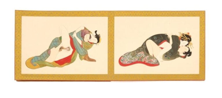 Livre accordéon leporello (orihon) de forme oblongue figurant douze peintures érotiques shunga anonymes de style Ed