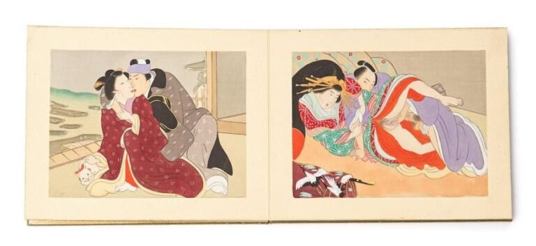 Livre accordéon (leporello - orihon) où sont collées douze peintures (collées) érotiques shunga aux couleurs vivre