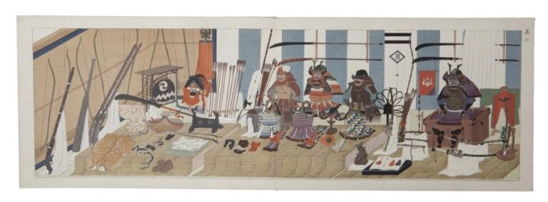 Livre de style Leporello (livre-accordéon - orihon) figurant seize retirages d'estampes et intitulé: Kyugi shoshoku: juroshiki zuf