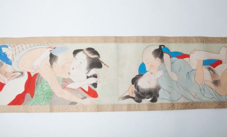 Long rouleau d'illustrations érotiques (shunga makimono) comprenant douze peinture