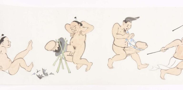 Long rouleau polychrome et anonyme (makimono) sans monture figurant des dessins homo-érotiques tels que des lutteurs de sumo montrant fièrement leurs parties