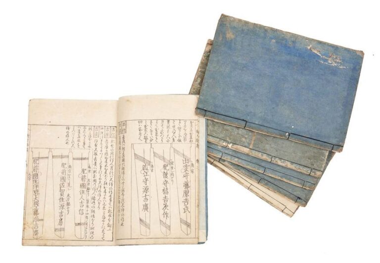 Lot complet de six livres d’estampes sur les signatures de sabre: Arami meizukushi zokush?, Ky?ho 20 (1735) : Vo