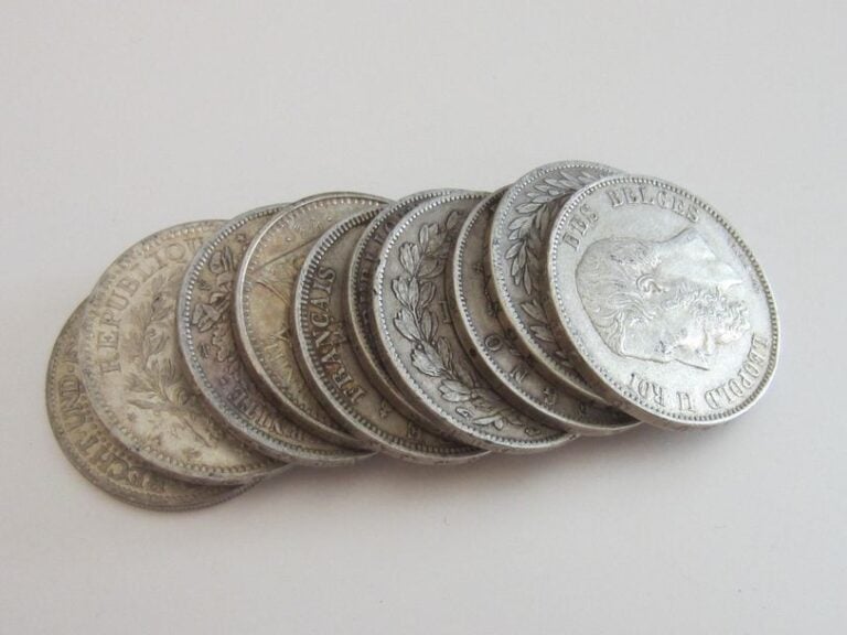 Lot comprenant: 1 pièce en argent Vittorio Emmanuel de 5 lires (1871),6 pièces de 5 francs argent (1867, 1852, 1846, 1831, 1873, 1870)1 pièce de 10 francs argent (1965), 1 pièce de 5 francs Leopold II (1873), 1 pièce allemande (1927