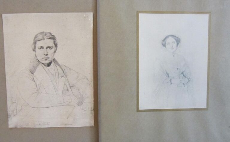 Lot comprenant : 3 dessins "femmes nues",Reproduction Ingres "Portrait d'homme", Ecole française XIXème "Portrait de femme