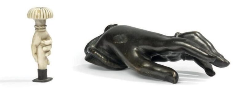Lot comprenant: un cachet et une main de femme en bronze