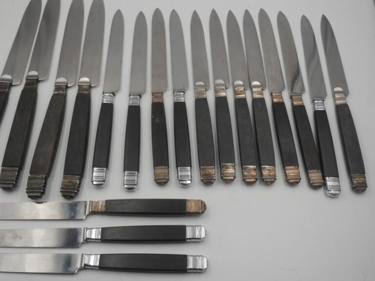 Lot de 22 couteaux de style Empire, manches ébène, lames en acier (on joint 4 petits couteaux du même modèle)
