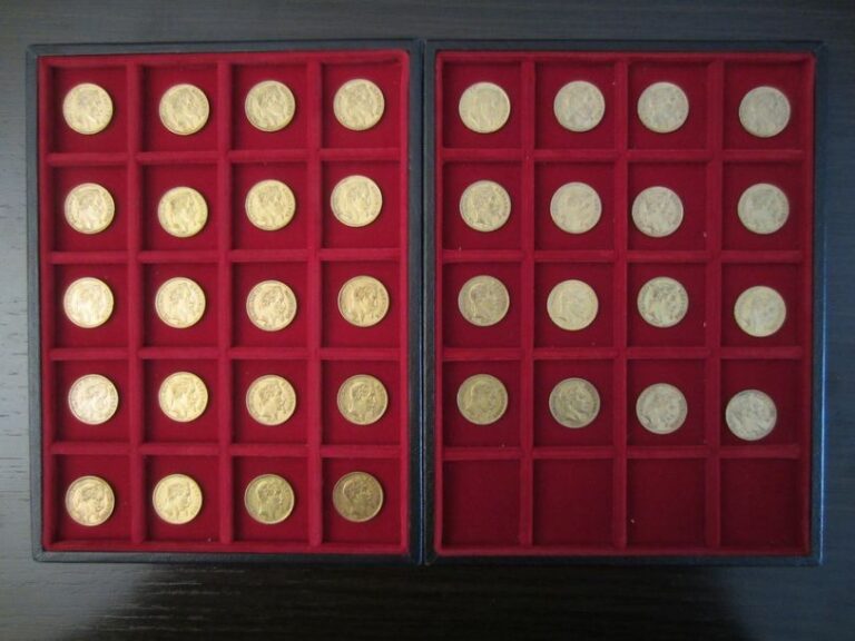 Lot de 36 pièces de 20 Francs en or type Napoléon III tête laurée : 1861 A (7), 1862 A (13), 1862 BB (4), 1862 A (5), 1863 BB (7)