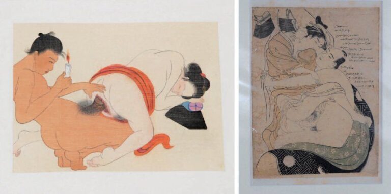 Lot de 4 illustrations colorées shunga probablement par Katsukawa Shunsho (1726-1792