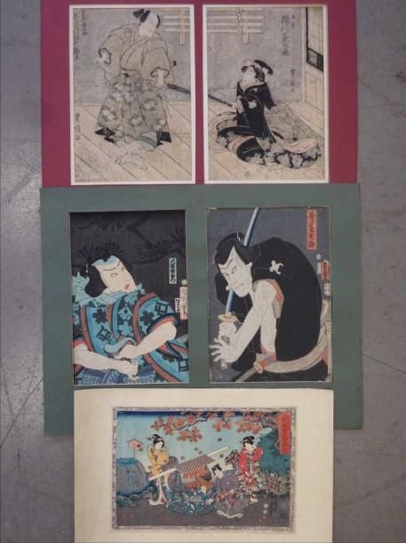 LOT DE CINQ ESTAMPES D'APRES TOYOKUNI III Japon Il comprend: > 1 dyptique de 2 oban tata-e, un samouraï et une geisha; > 2 oban tata-e figurants des acteurs en samouraï; > 1 oban yoko-e figurant des personnage